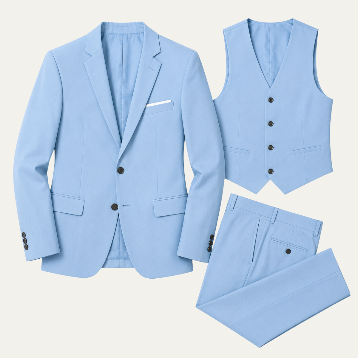 Men's 3-piece slim-fit business suit set in light blue: jacket, vest, and trousers.