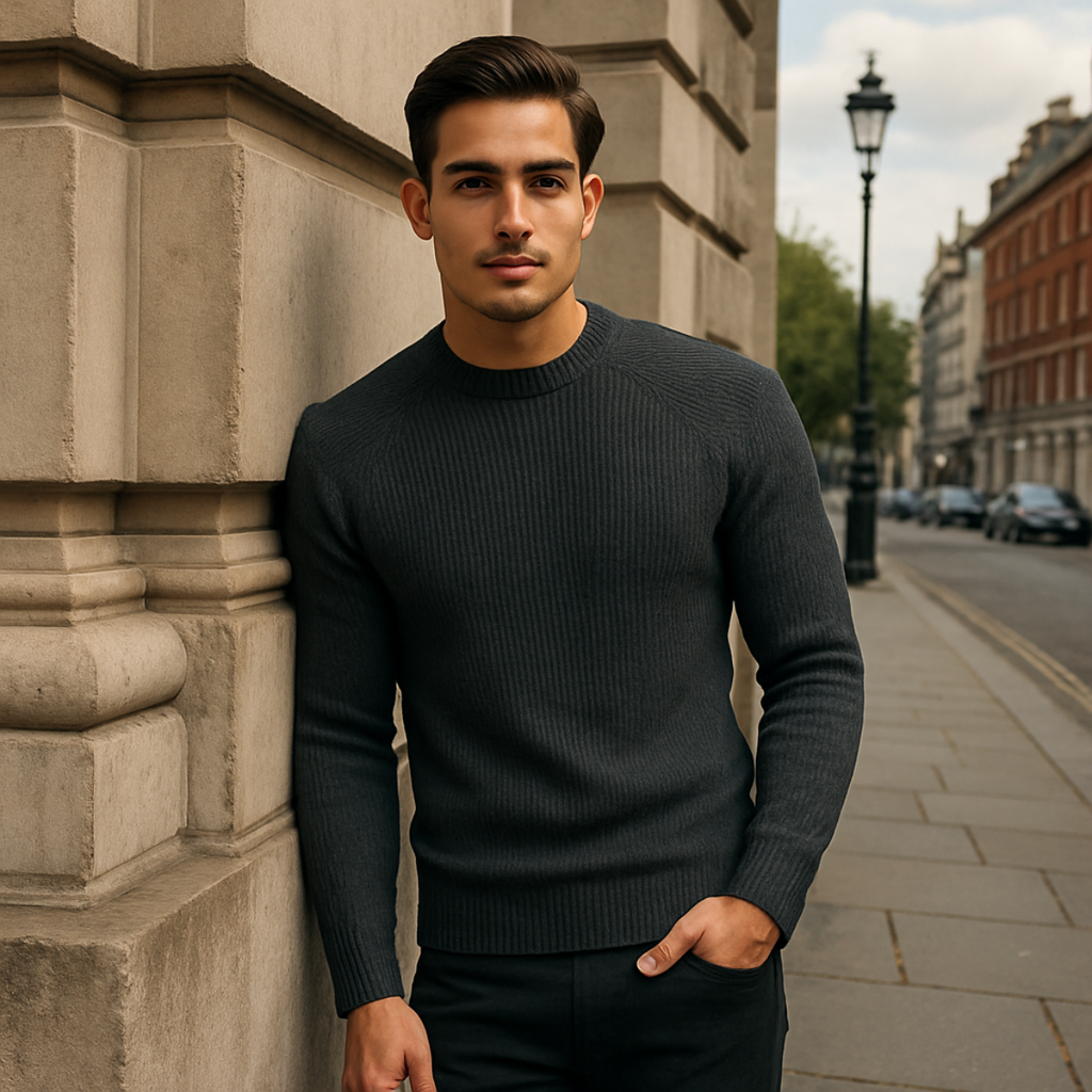 Men's 100% cashmere crewneck sweater in dark charcoal/black, ribbed crew neck