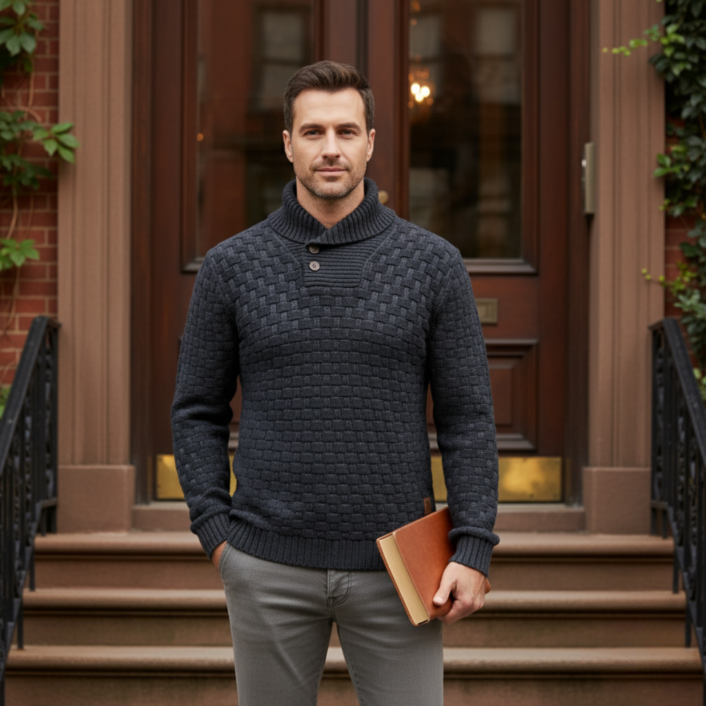 Men's chunky knit sweater, dark navy with button placket and ribbed hem