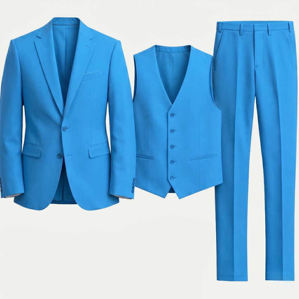 Men's slim-fit 3-piece suit set in sky blue: jacket, vest, and matching trousers