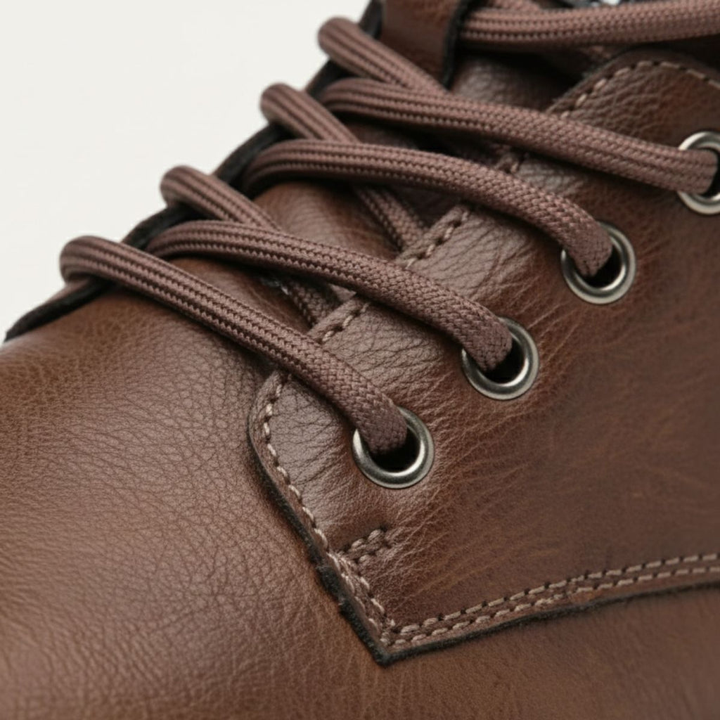 Brown leather boot laces close-up with metal eyelets and stitched panel detail