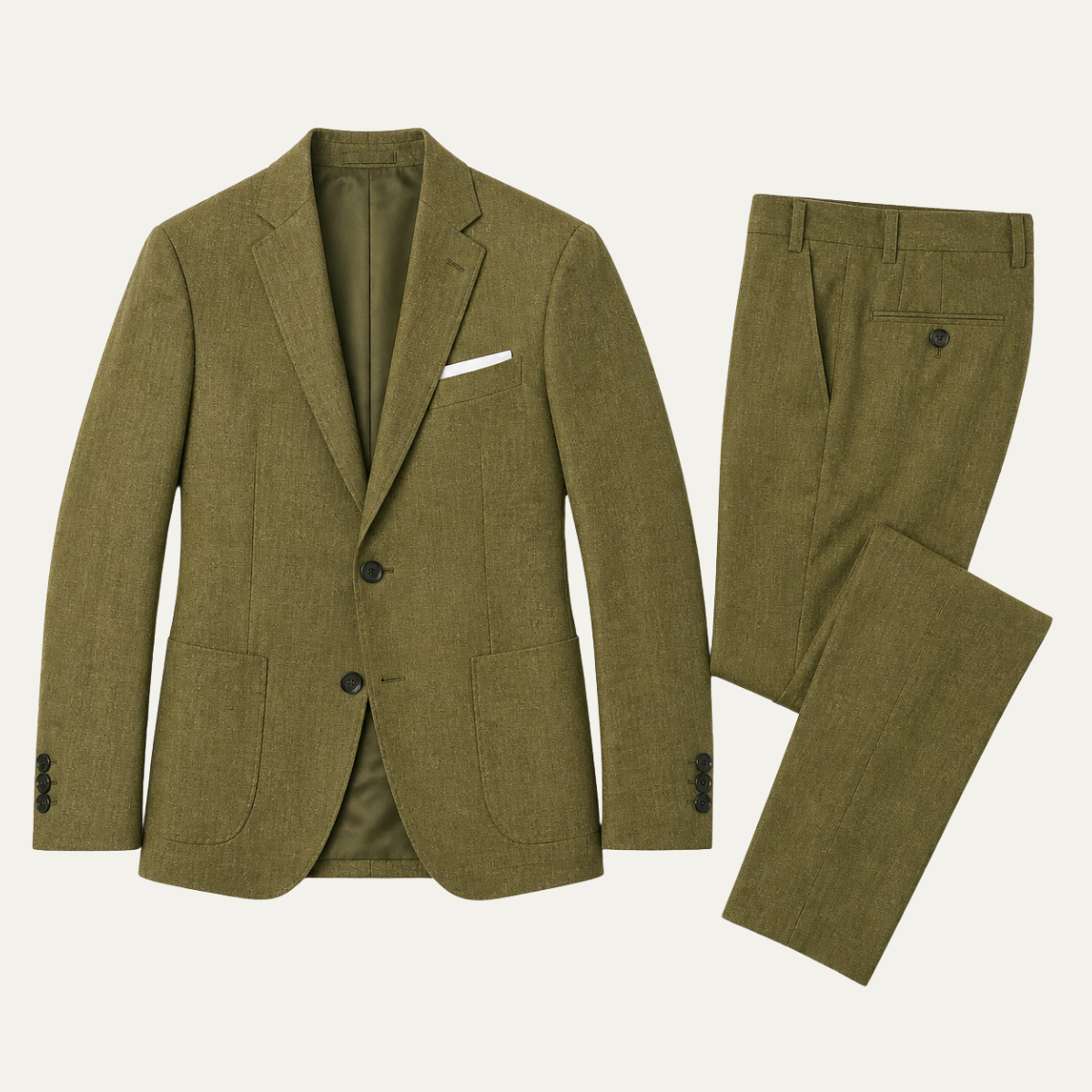 Olive green two-piece slim fit suit set with matching blazer and trousers