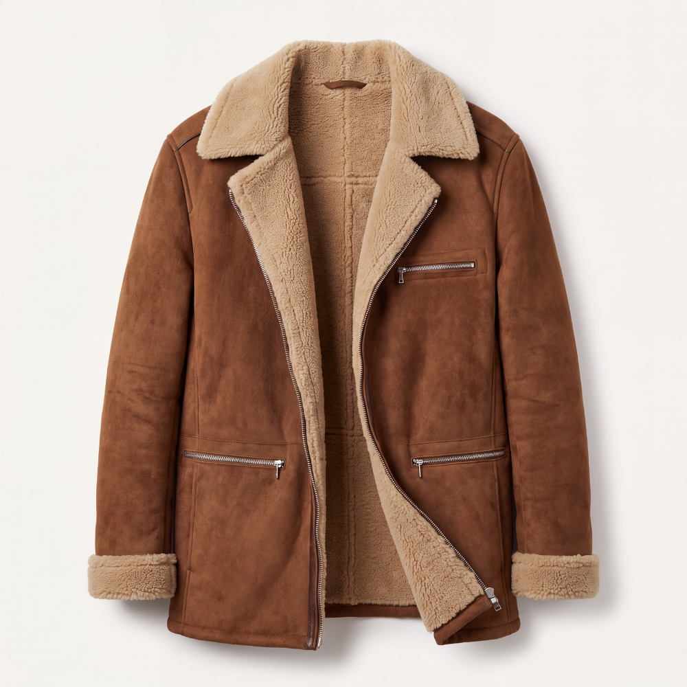 Men's brown suede sherpa-lined zip jacket with tan fleece collar and cuffs