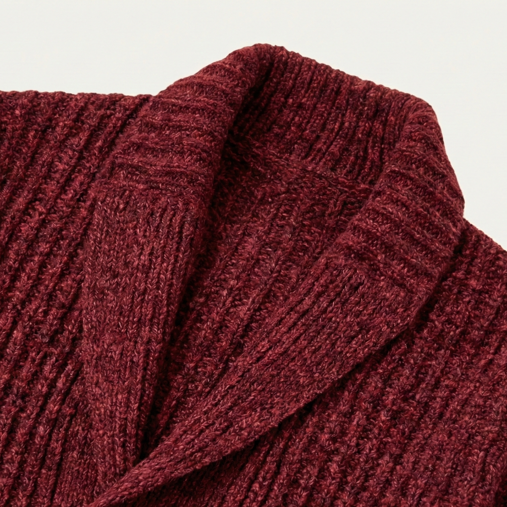 Chunky knit shawl-collar cardigan texture, burgundy red knit pattern close-up