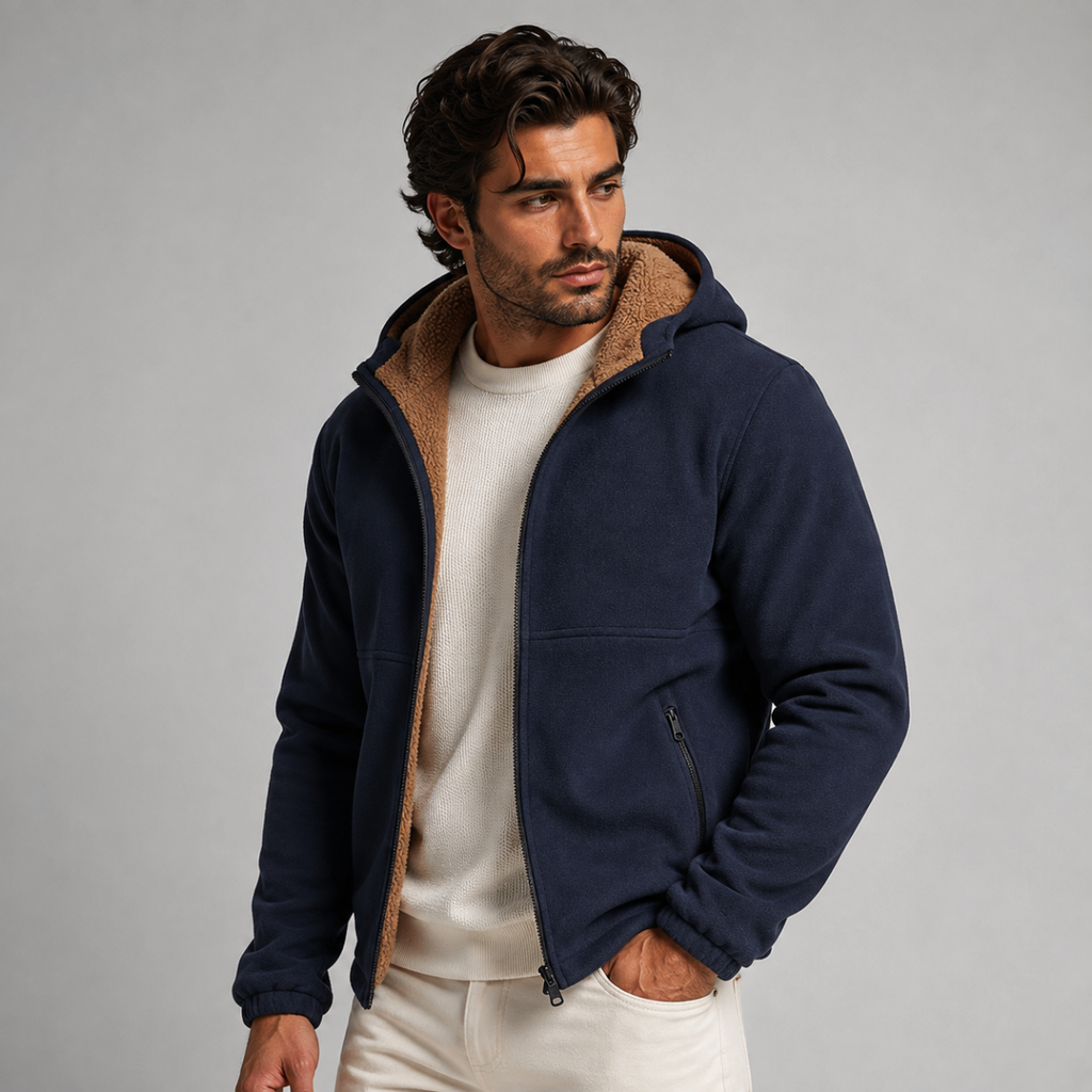 Men’s navy zip-up hooded fleece-lined jacket worn with a crew-neck shirt