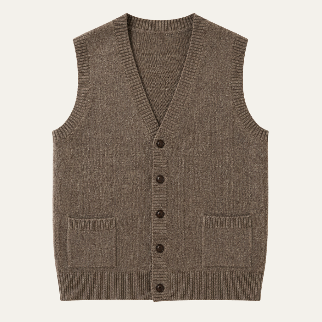 Brown knit button-front vest with V-neck, ribbed hem, and two front patch pockets