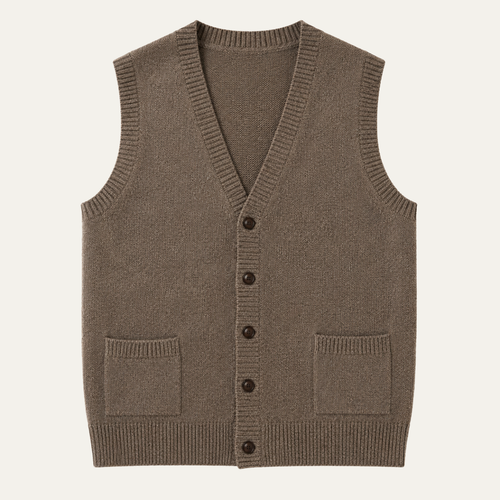 Brown knit button-front vest with V-neck, ribbed hem, and two front patch pockets