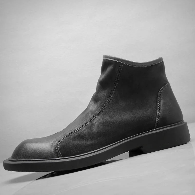 Men's warm plush zip-up leather ankle boot, black, angled side view, cushioned collar