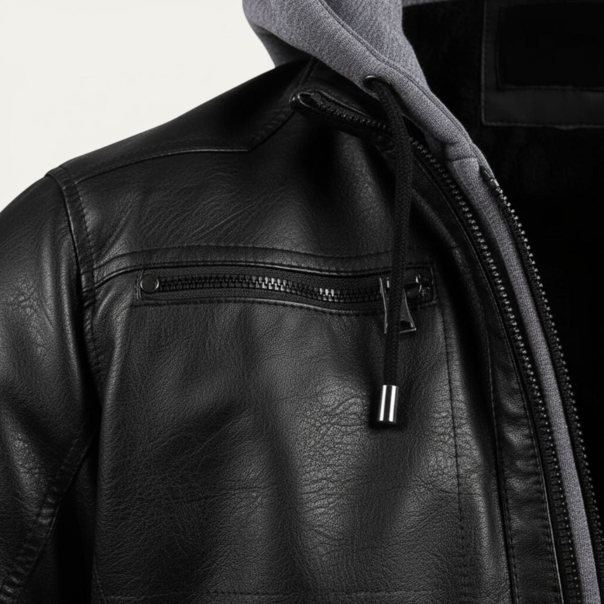 Men's black leather bomber jacket chest detail with front zip and pocket zippers