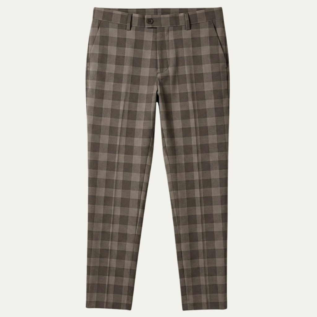 Men's checked slim-fit smart casual pants, dark plaid with belt loops