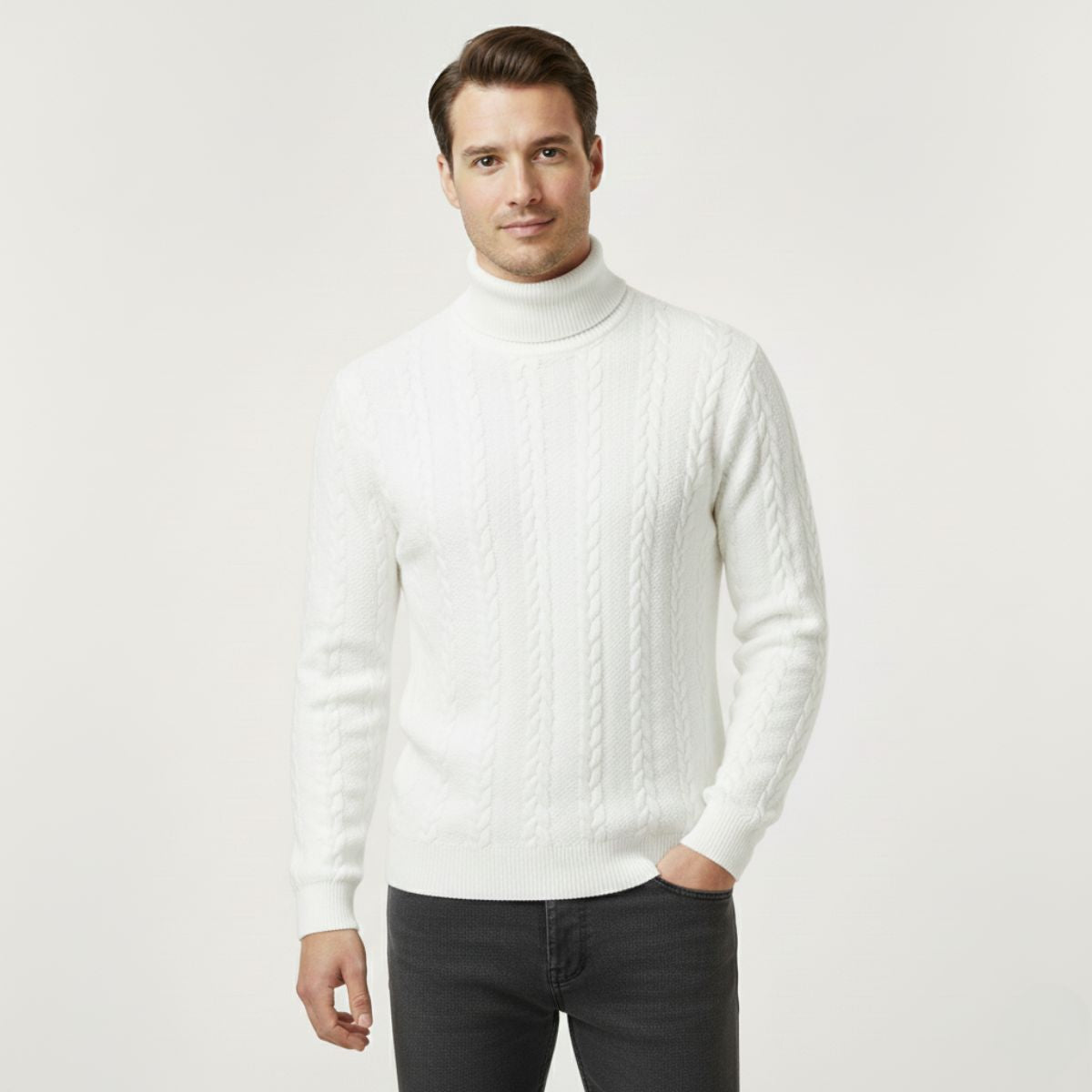Men's cable knit turtleneck sweater, white, ribbed hem and cuffs