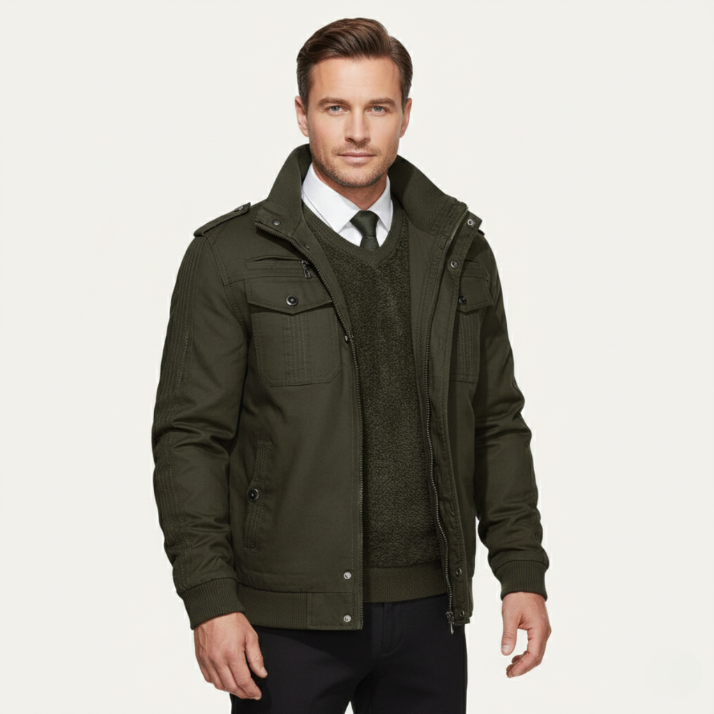 Army green men’s thermal zip-up fleece-lined jacket with stand collar and front zip