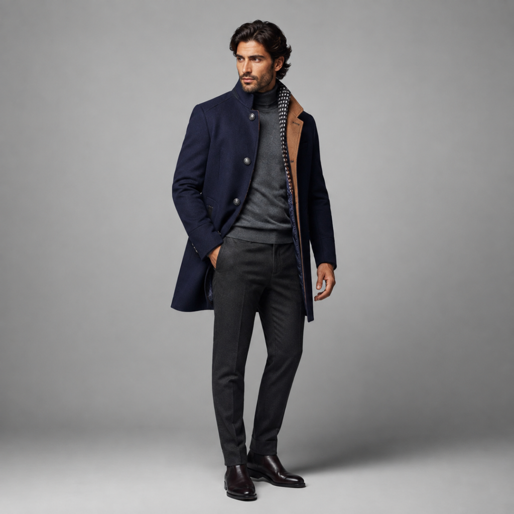 Men's wool coat, navy blue, double-breasted style with quilted interior lining