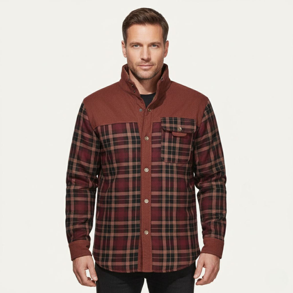 Men's warm plaid check jacket in maroon with snap pockets and brown sherpa lining