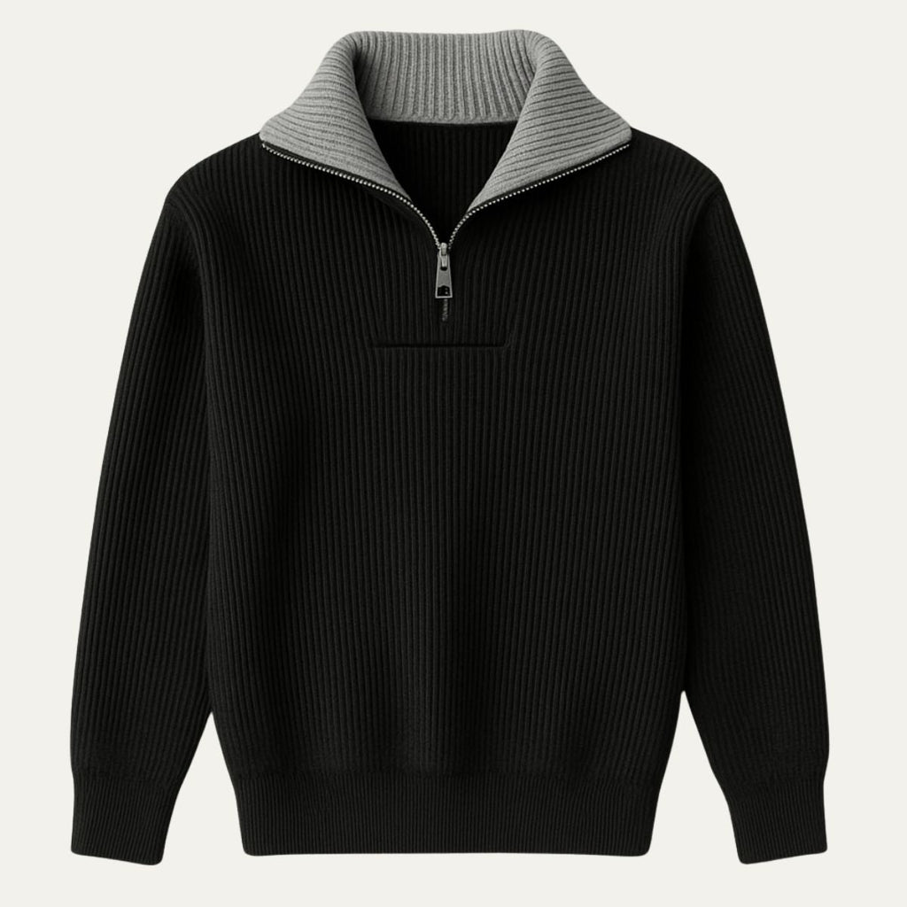 Men's quarter-zip sweater in black with ribbed stand collar and half-zip placket