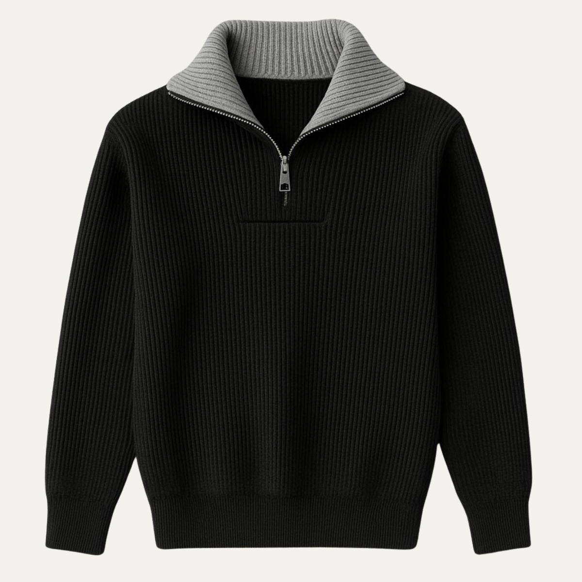 Men's quarter-zip sweater in black with ribbed stand collar and half-zip placket