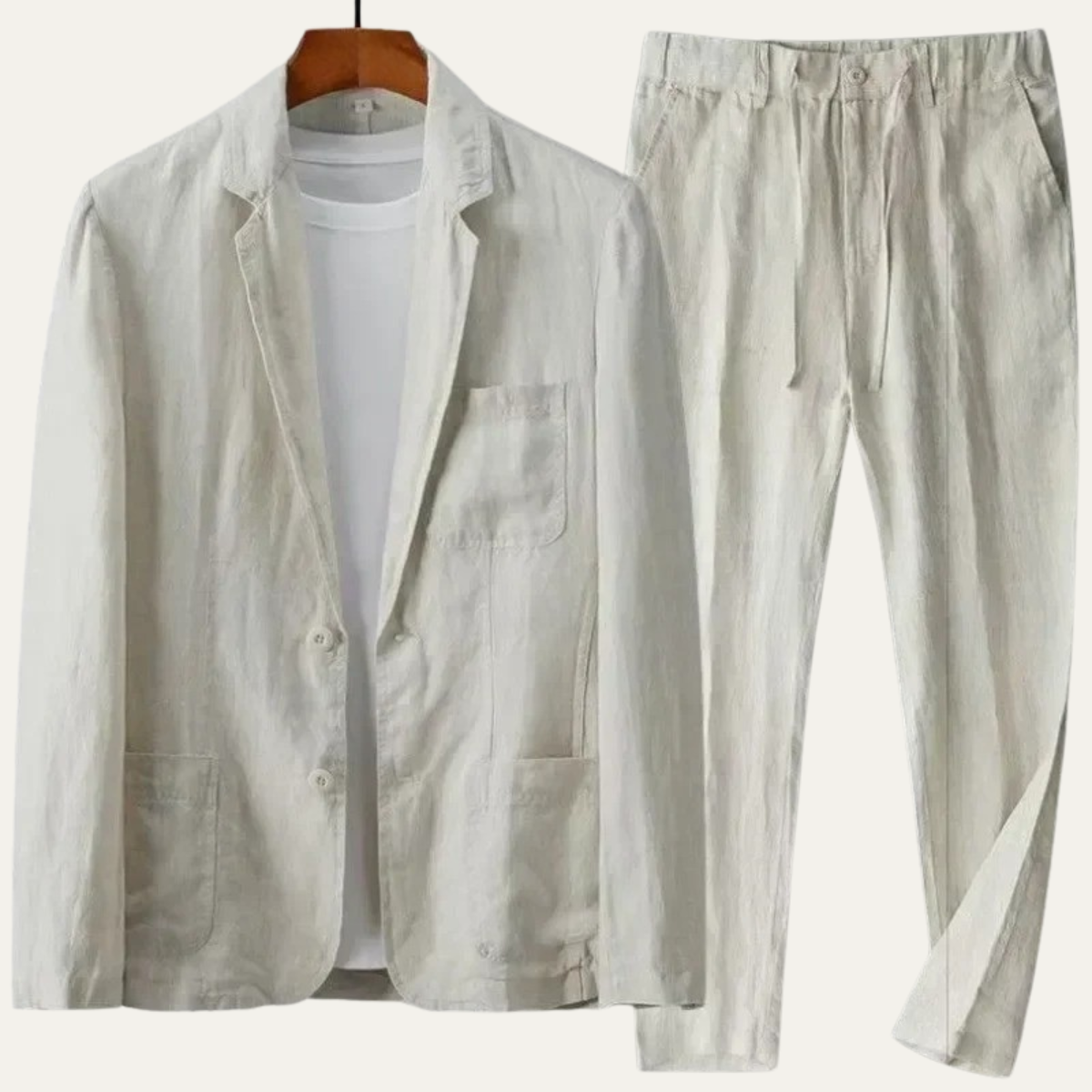 Men's cotton-linen two-piece suit set, light beige blazer with matching drawstring pants