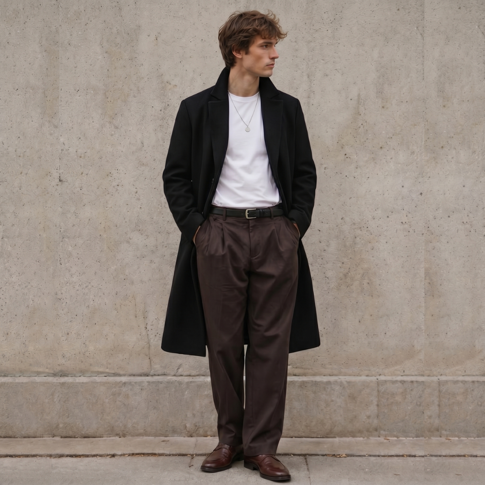 Men's black wool long overcoat with open notch lapels, worn with belt trousers