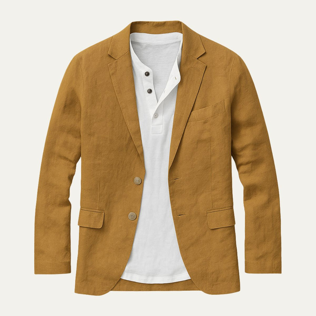 Men’s brown/camel cotton summer blazer with notched lapels and patch pockets