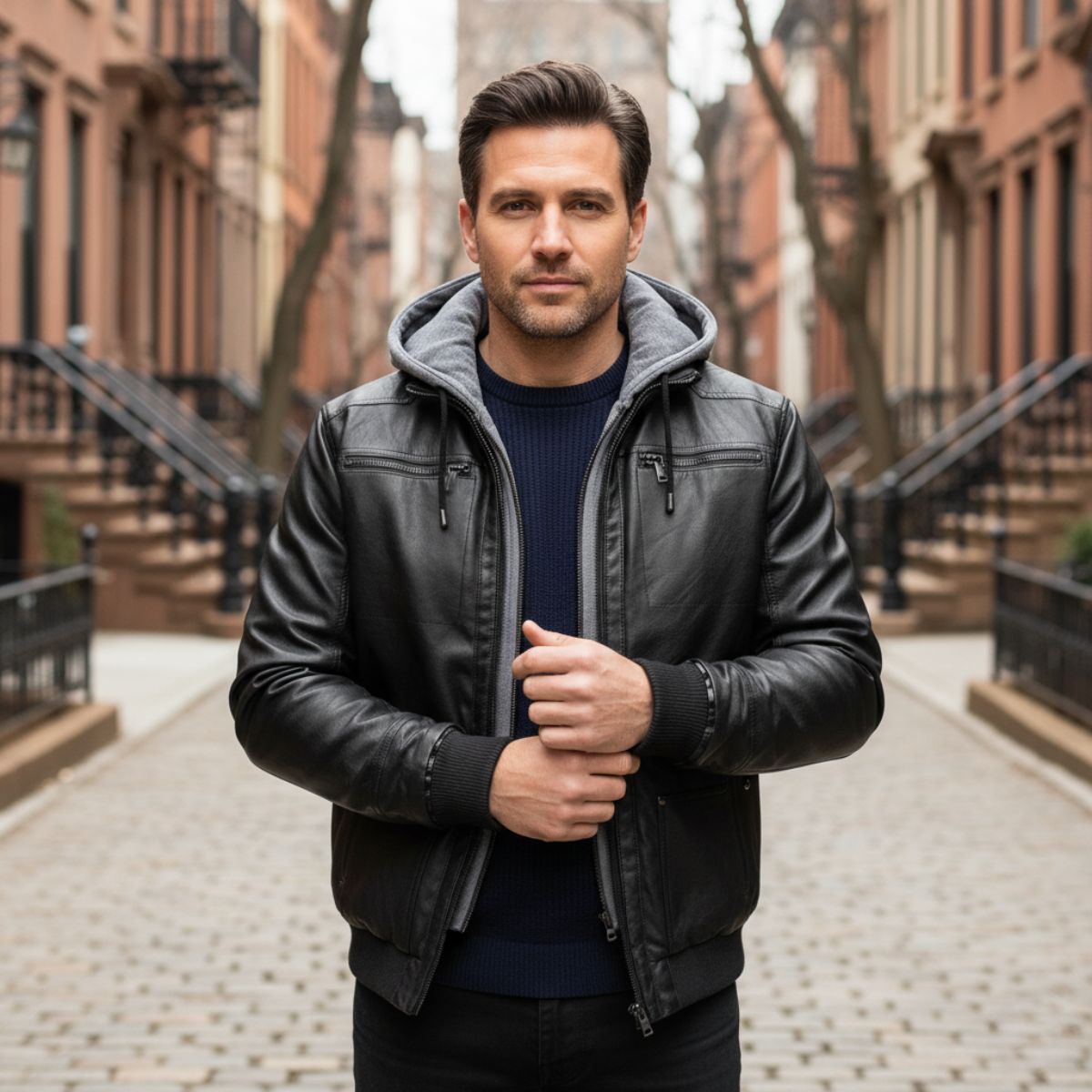 Men's black hooded leather bomber jacket on model with front zipper and ribbed cuffs