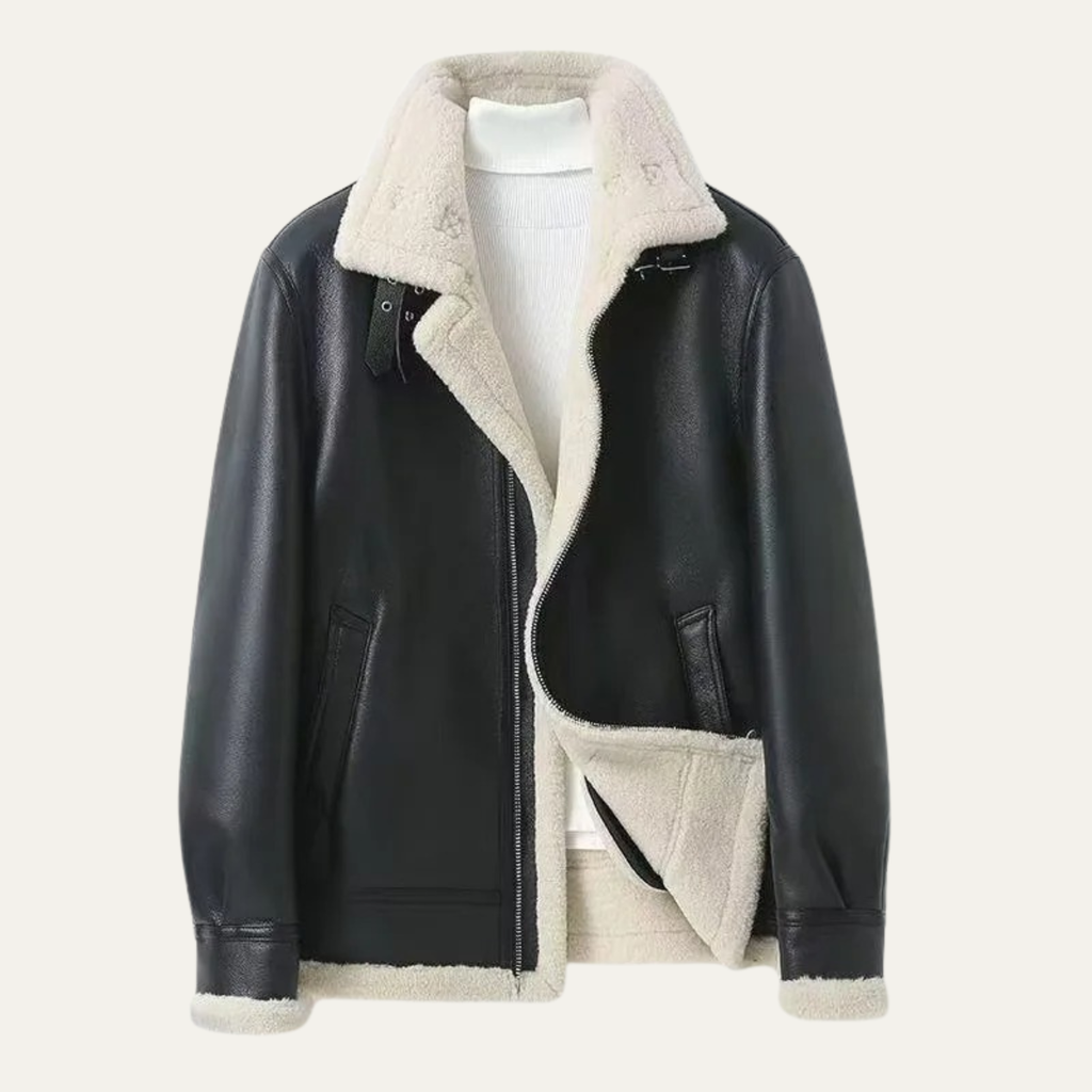 Men's black leather sherpa-lined jacket with cream shearling collar and zip front