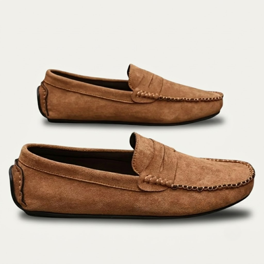 Brown suede moccasin loafers, slip-on with stitched moc seams and braided trim detail.