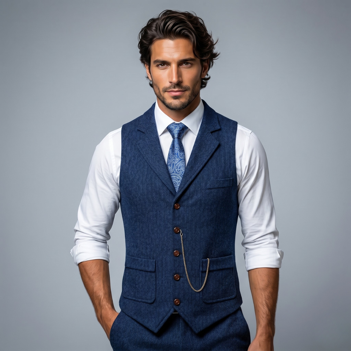 Men’s navy tweed waistcoat worn over a white shirt, notch lapels and button front