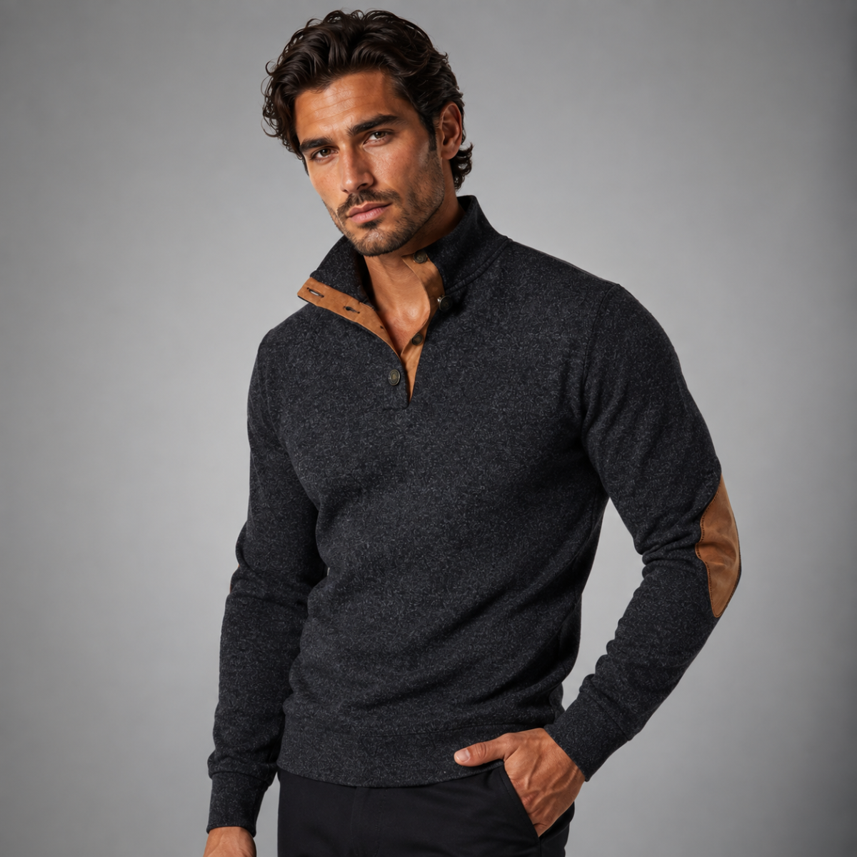 Men's black fleece stand-collar sweater with suede elbow patches and snap-front placket