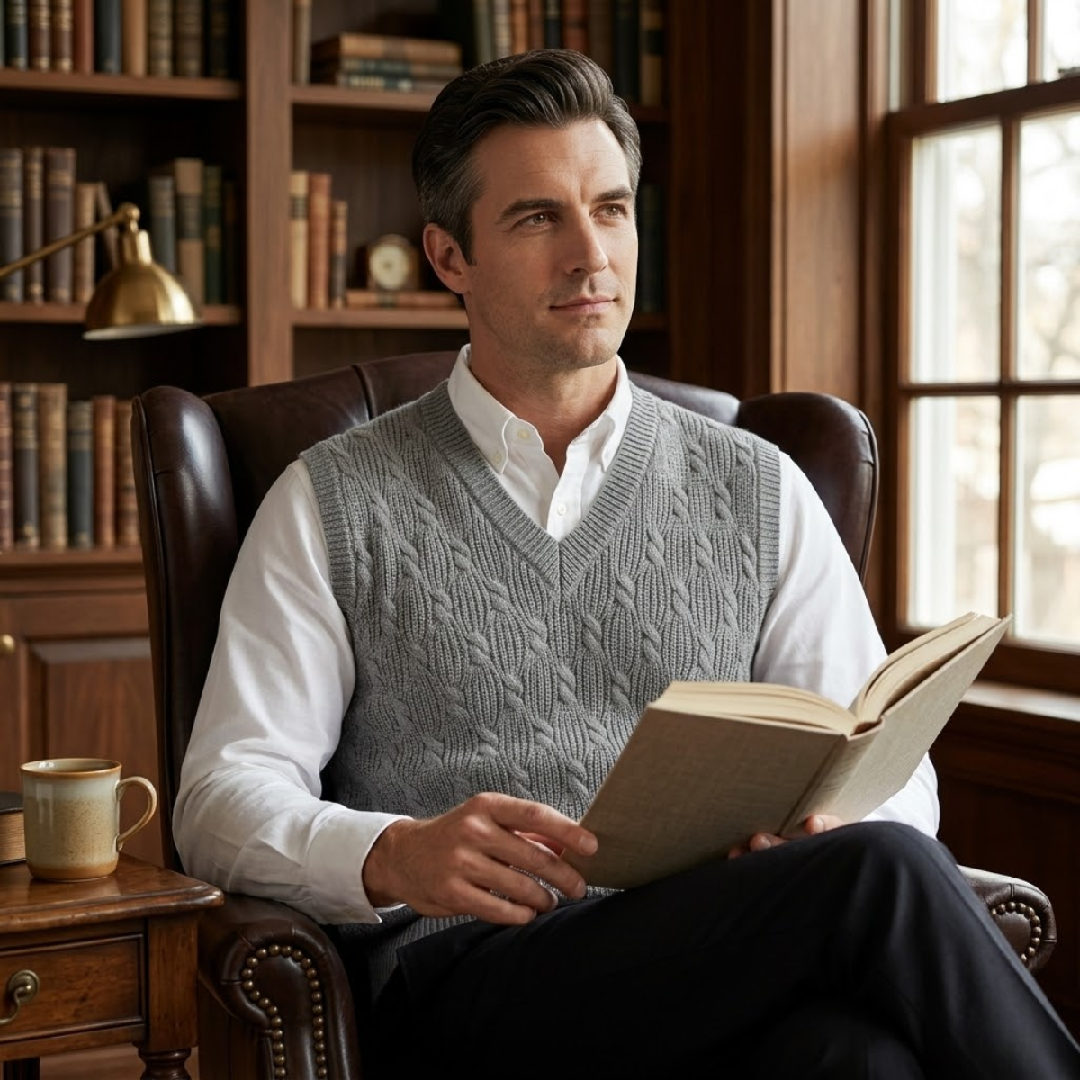 Men's gray textured knit V-neck sweater vest worn with a white shirt