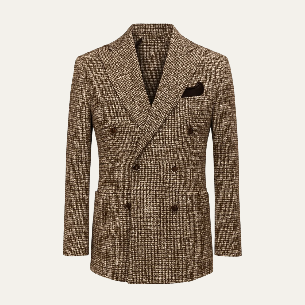Men's brown herringbone tweed double-breasted suit jacket with notch lapels and flap pockets