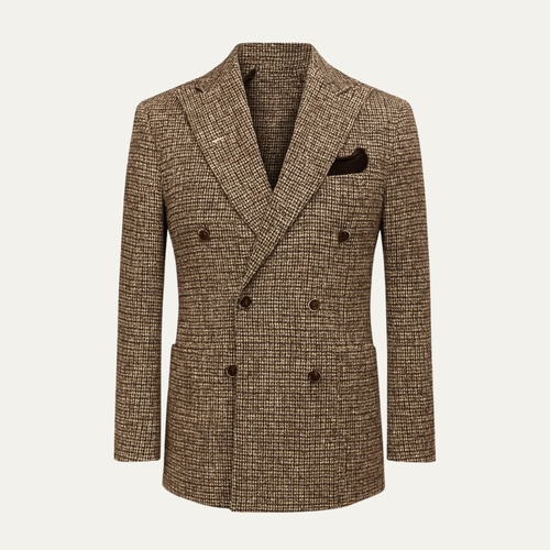 Men's brown herringbone tweed double-breasted suit jacket with notch lapels and flap pockets