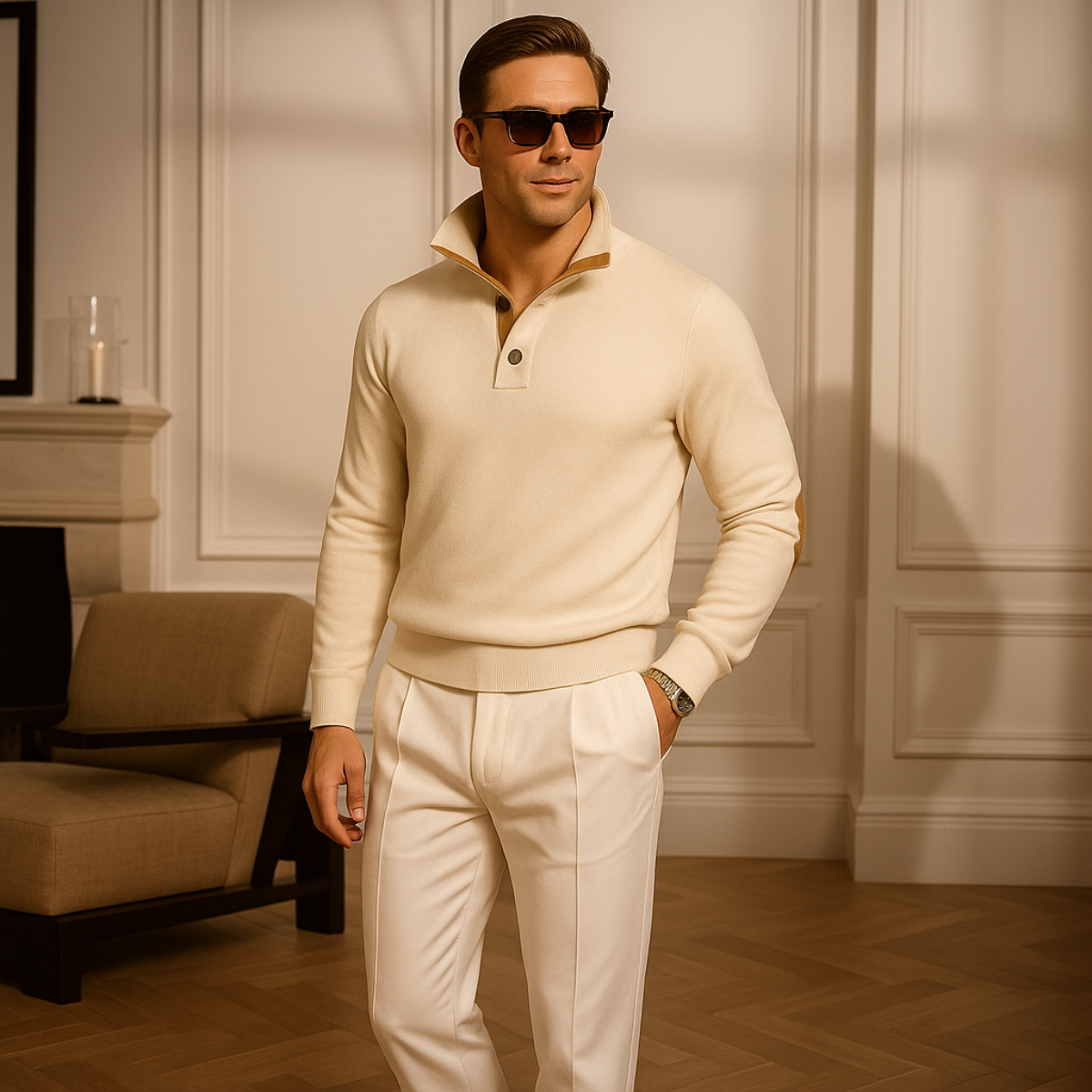 Men's beige quarter-zip sweater with tan collar placket and ribbed hem