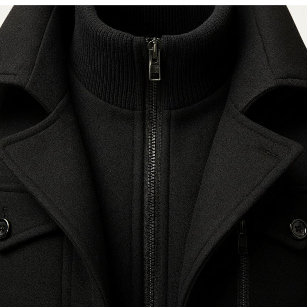 Black wool-blend pea coat with ribbed knit collar and front zipper