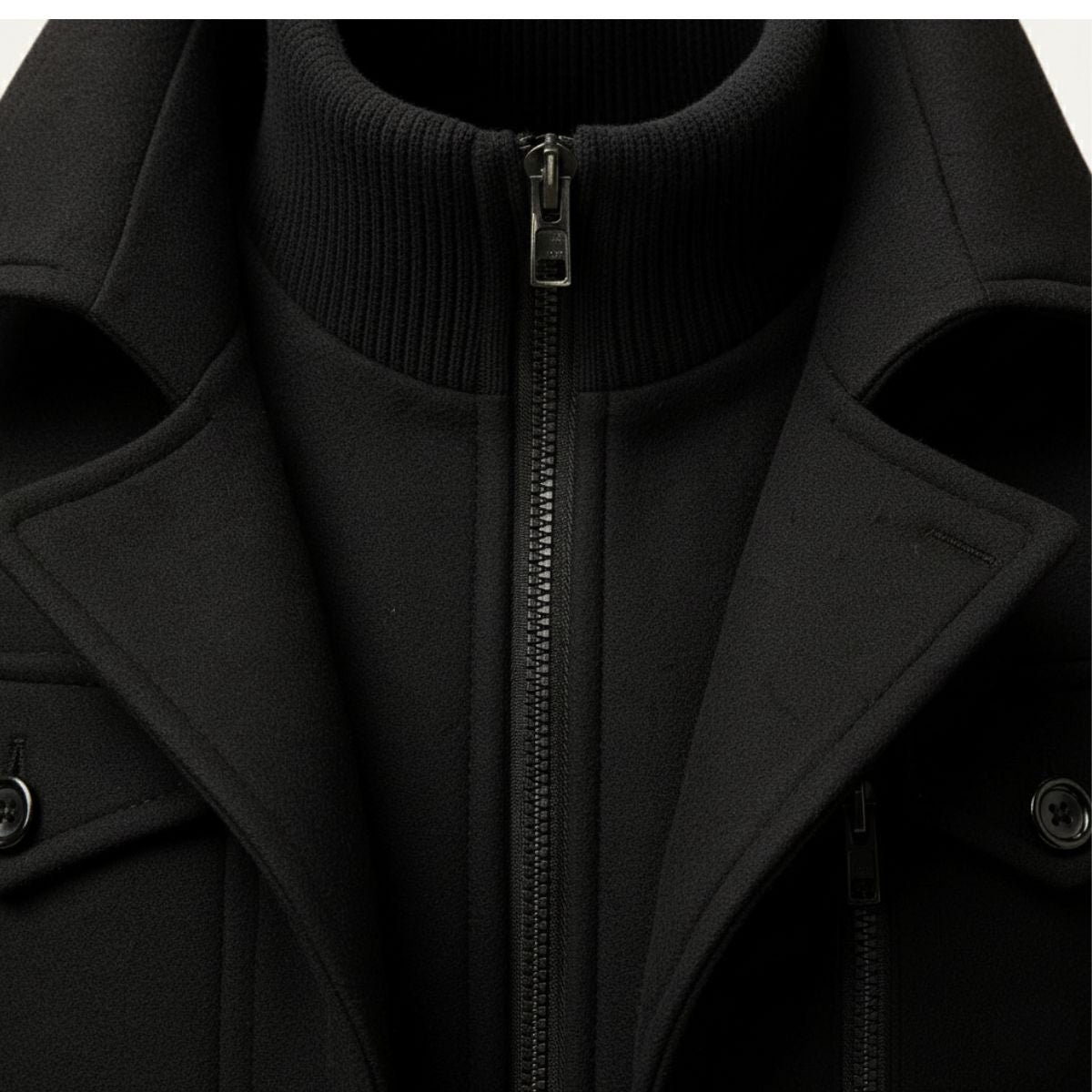 Black wool-blend pea coat with ribbed knit collar and front zipper