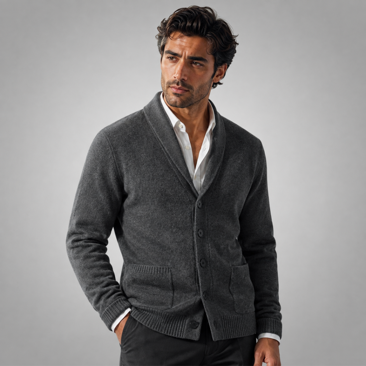 Men’s heather dark gray knit cardigan with shawl collar, button front, and patch pockets