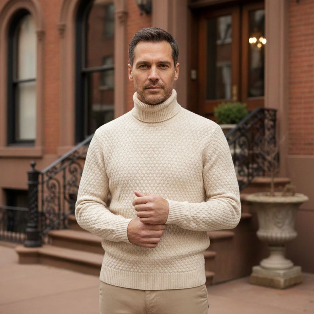 Khaki thick wool knit turtleneck sweater on model, long sleeves with ribbed cuffs