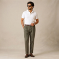 Men's double-pleated high-waist straight-leg pants in dark khaki on model