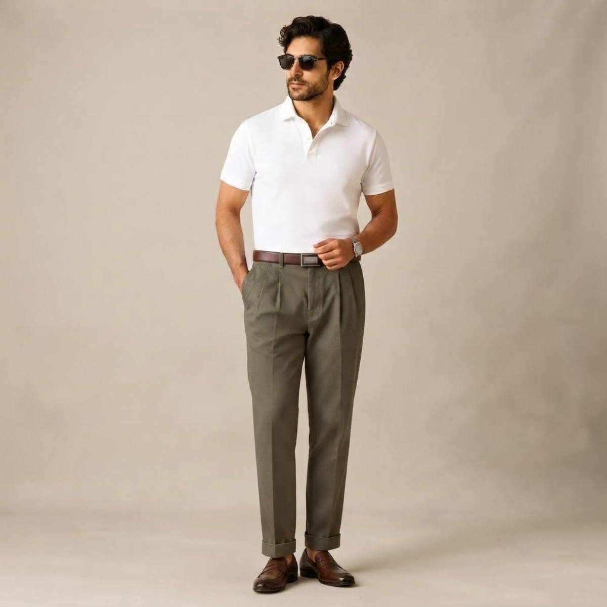 Men's double-pleated high-waist straight-leg pants in dark khaki on model