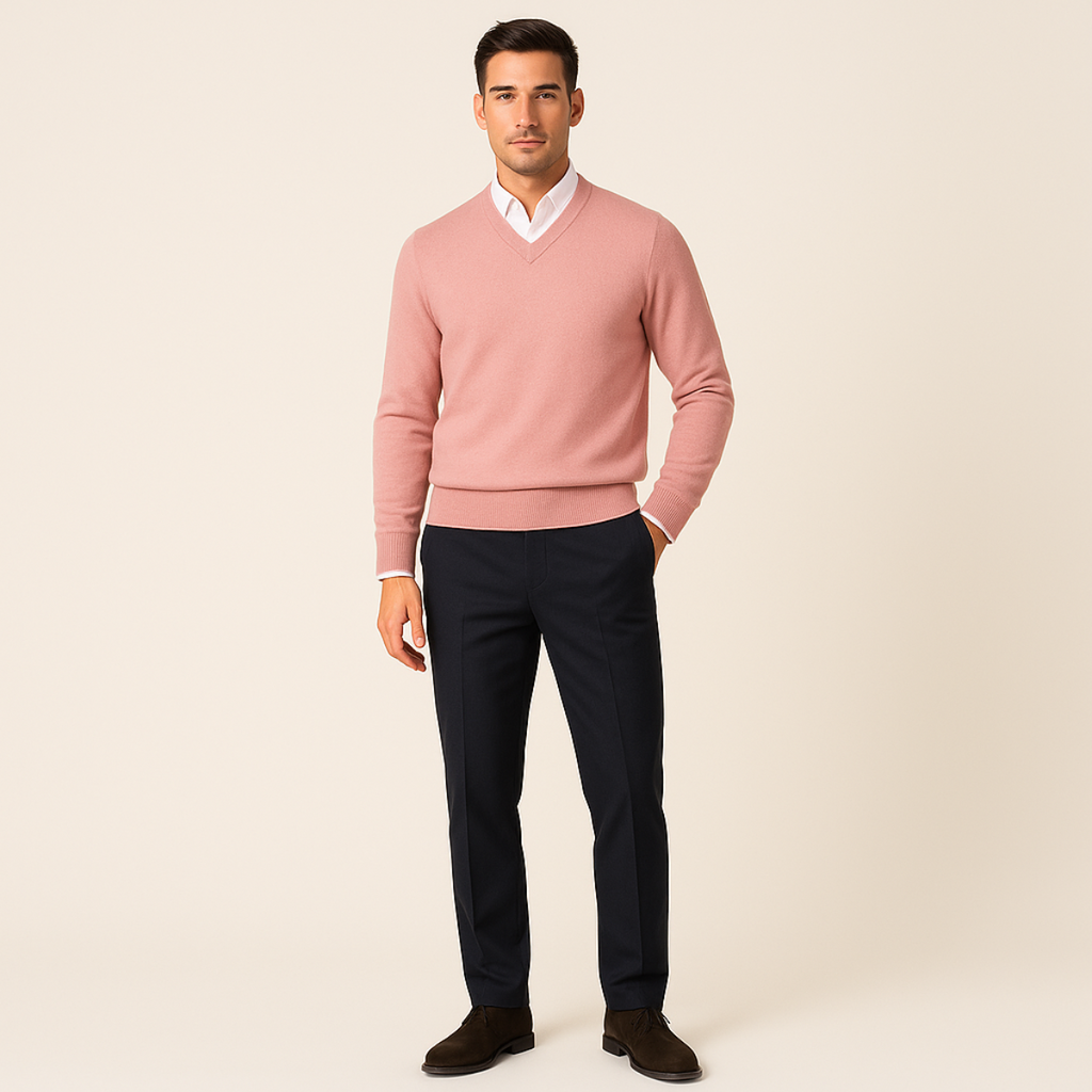 Men's pink wool V-neck sweater with ribbed cuffs and hem, worn with dark pants