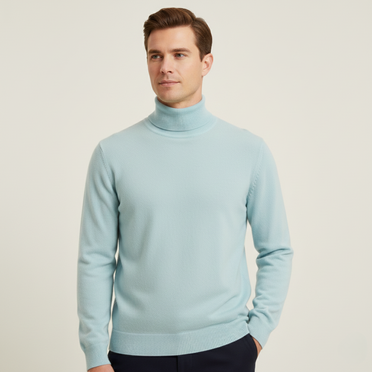 Men's mint blue turtleneck sweater on model, ribbed hem and cuffs, long sleeves
