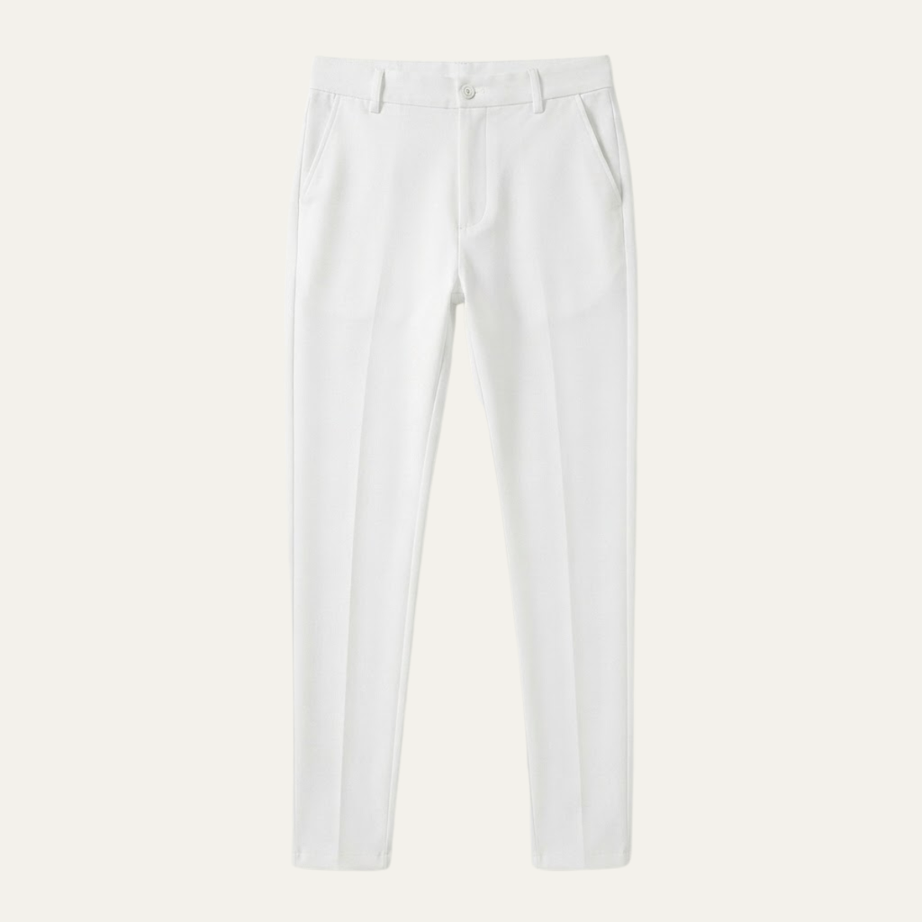 Men's slim-fit casual business dress pants, white with button waist and belt loops
