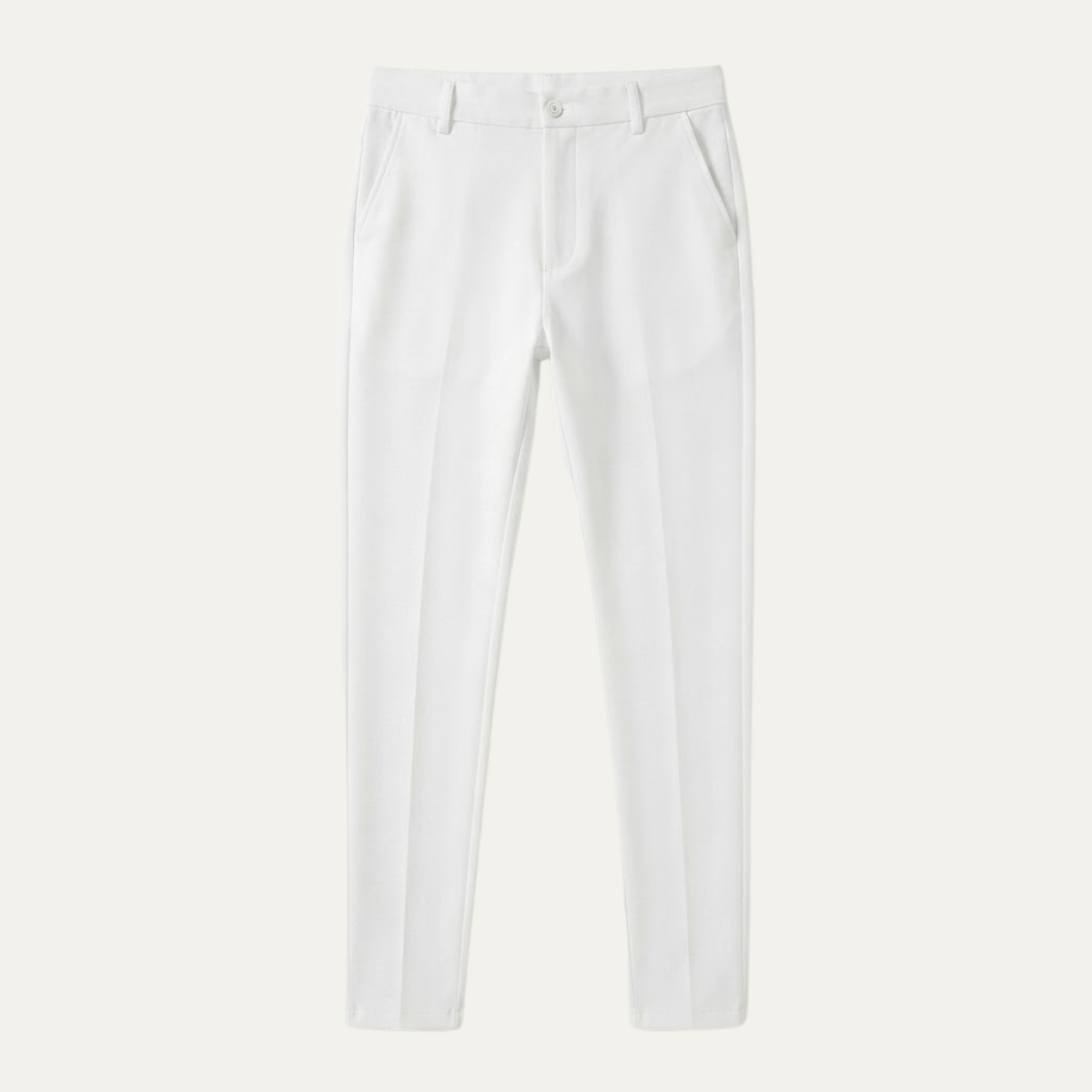 Men's slim-fit casual business dress pants, white with button waist and belt loops