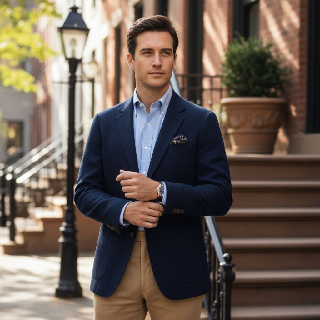 Navy men’s single-breasted herringbone wool blazer, notch lapels, pocket square