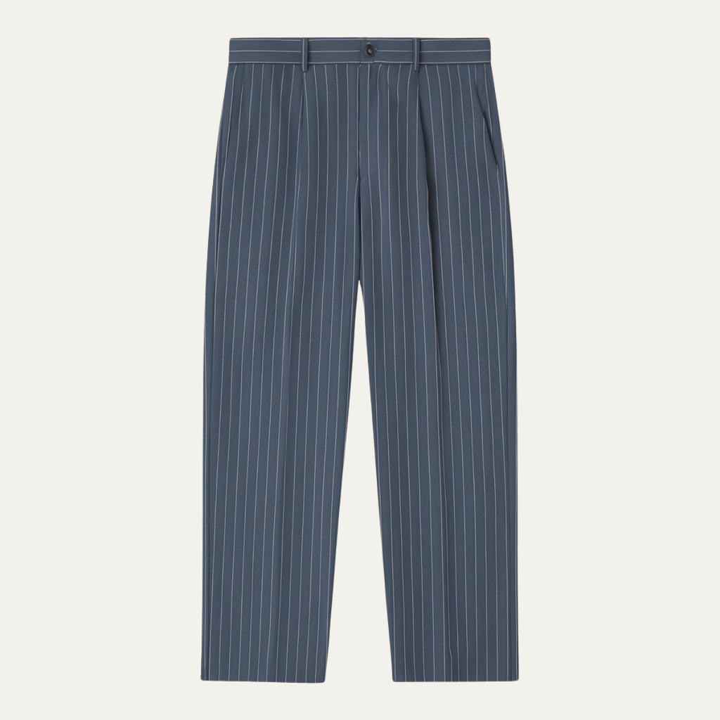 Navy pinstripe wide-leg dress pants with belt loops and pleated front