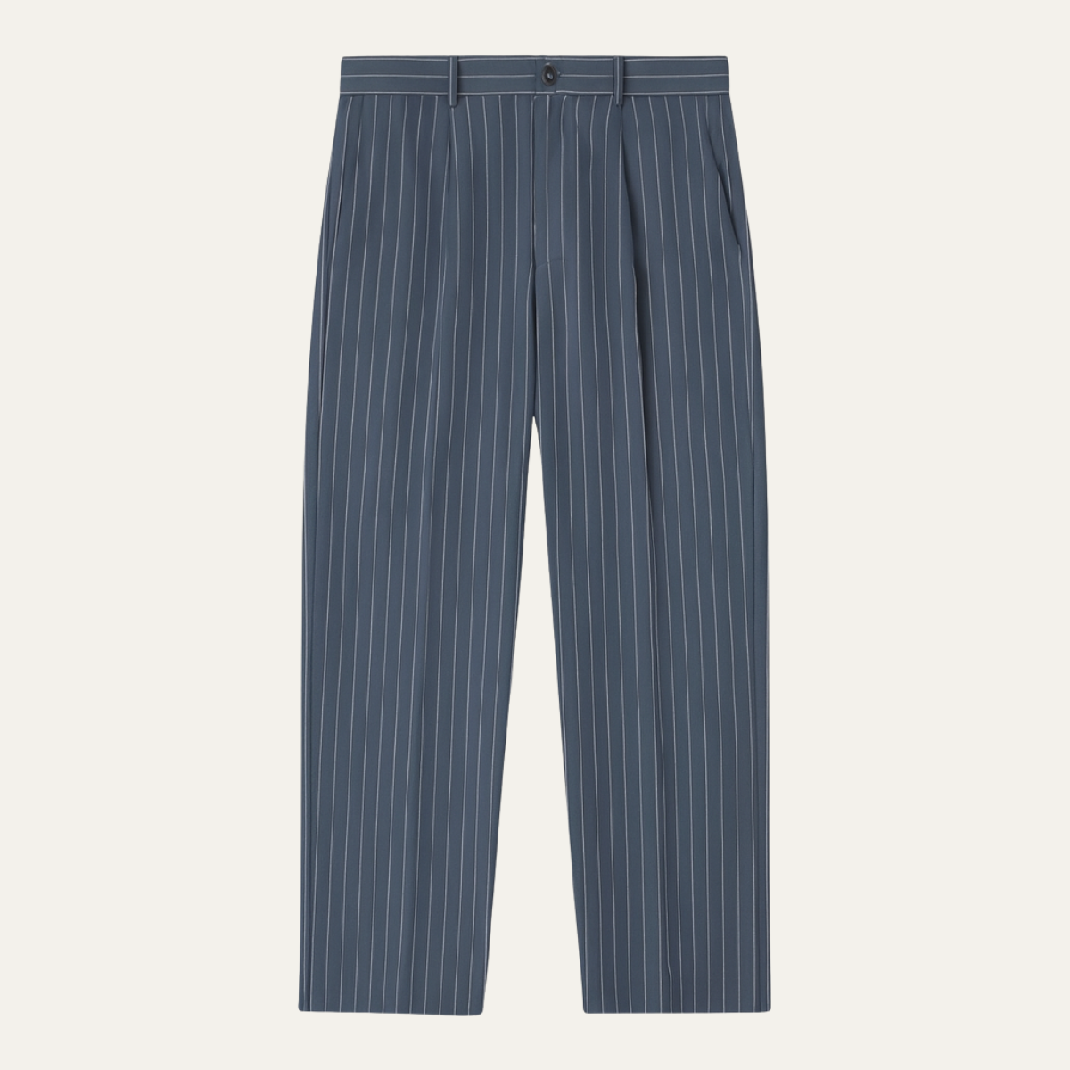 Navy pinstripe wide-leg dress pants with belt loops and pleated front