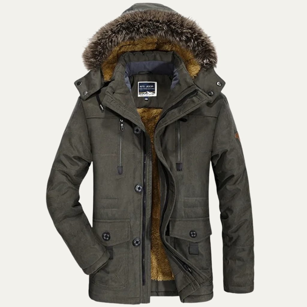 Men's charcoal puffer jacket with fur-trim hood, front zip and pockets