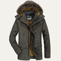 Men's charcoal puffer jacket with fur-trim hood, front zip and pockets