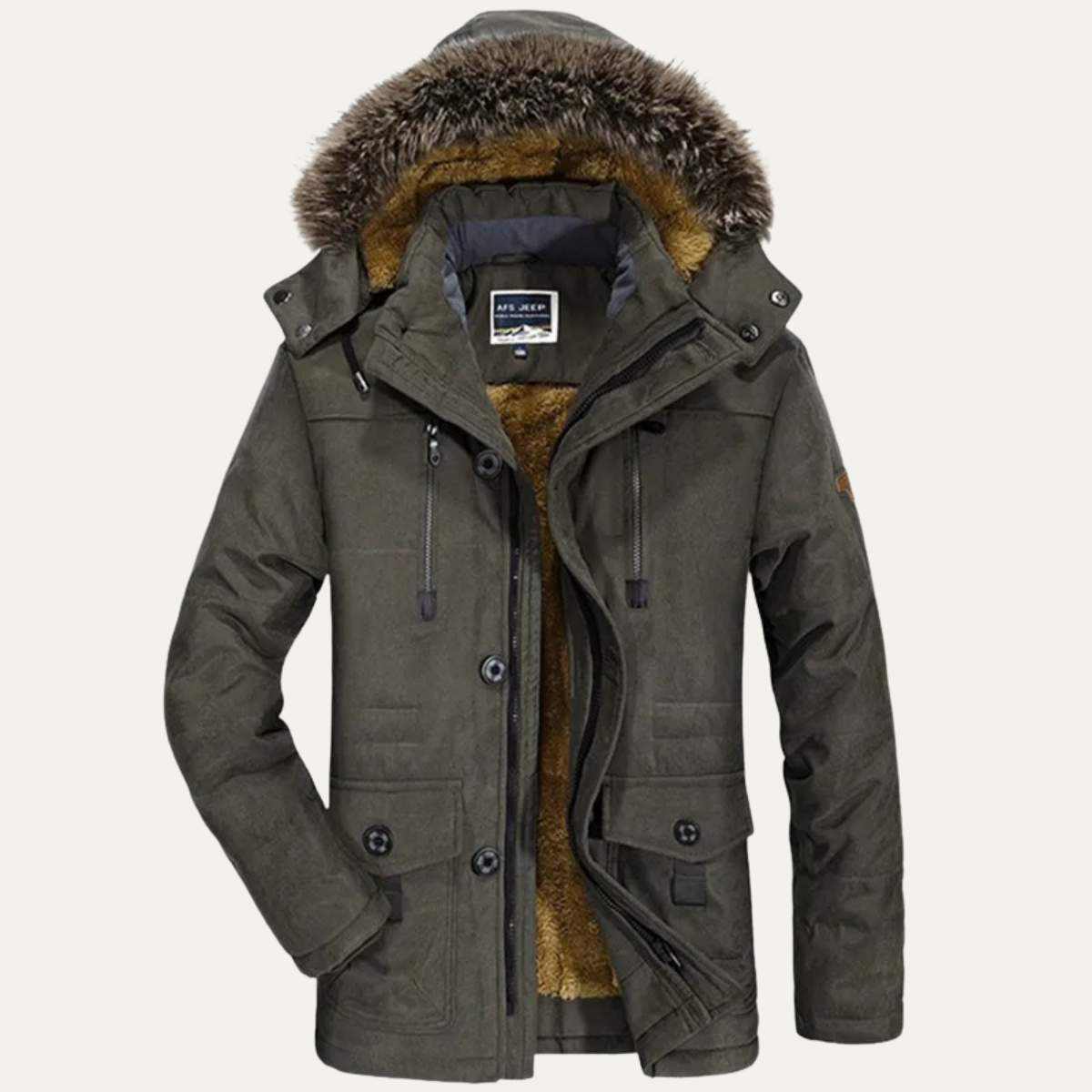 Men's charcoal puffer jacket with fur-trim hood, front zip and pockets