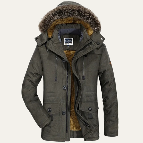 Men's charcoal puffer jacket with fur-trim hood, front zip and pockets