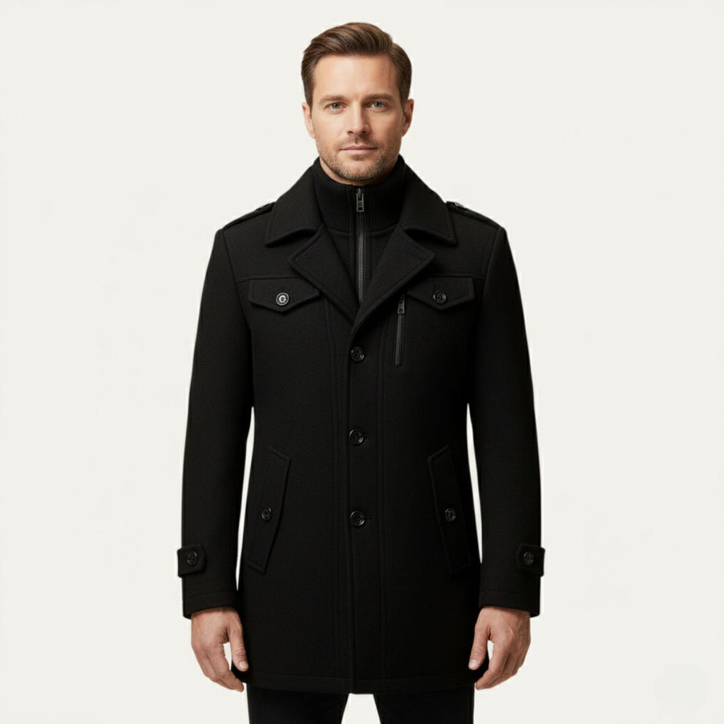 Black wool-blend pea coat with high collar and buttoned front